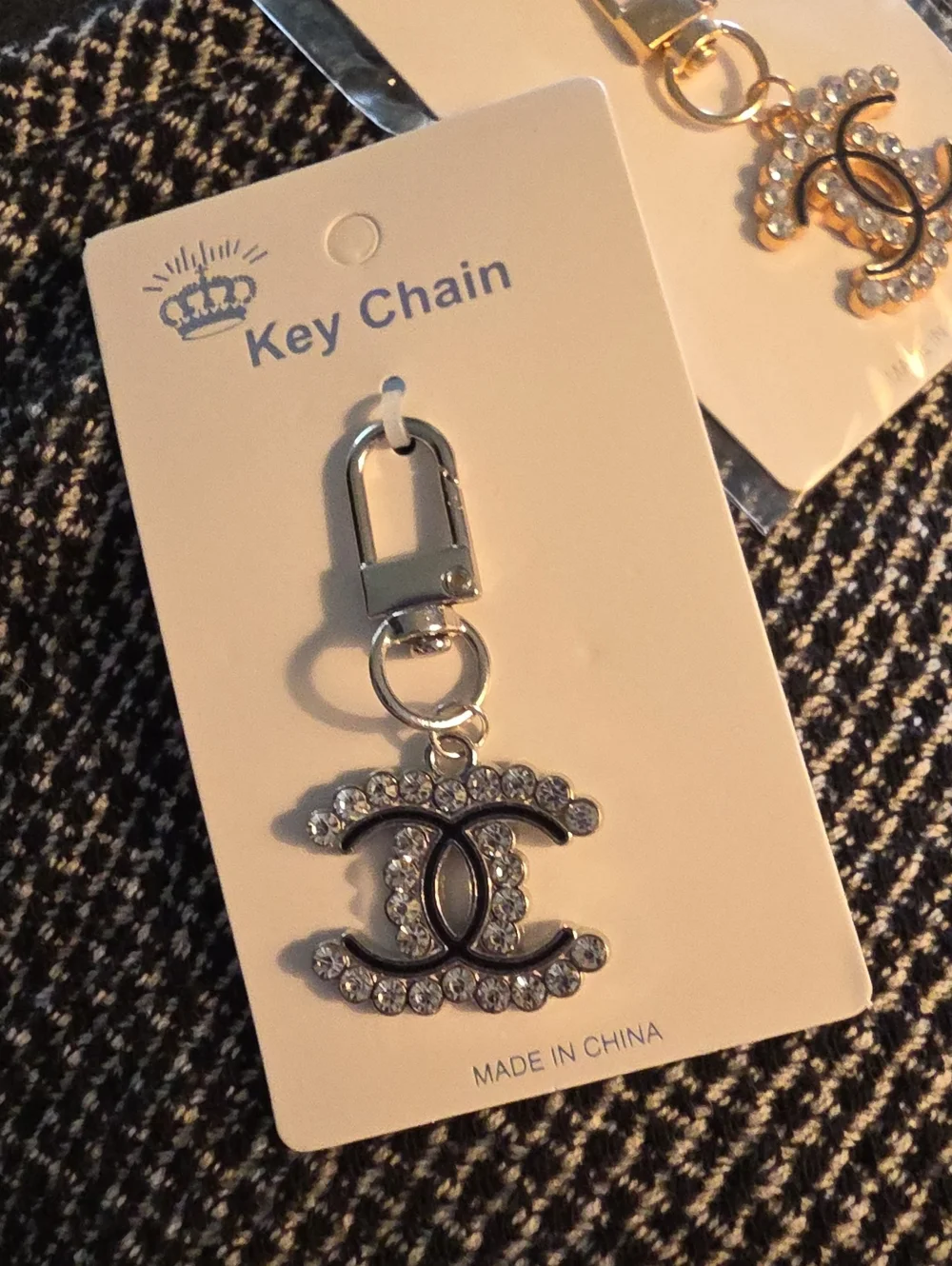 Crystal Interlocking Logo Key Chain - Black and Silver